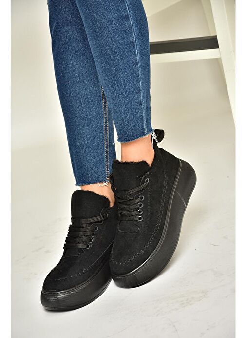 T811845302 Siyah Süet Kalın Tabanlı Kadın Ayakkabı - Görsel 3