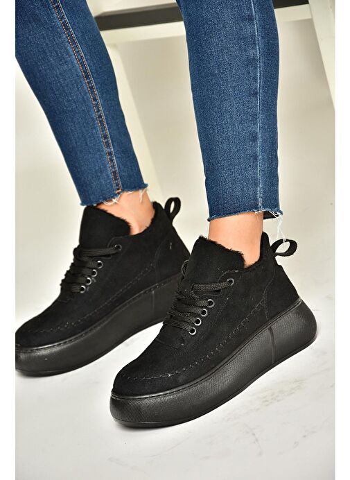 T811845302 Siyah Süet Kalın Tabanlı Kadın Ayakkabı - Görsel 4