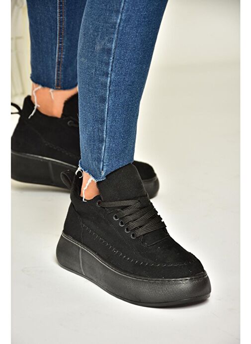 T811845302 Siyah Süet Kalın Tabanlı Kadın Ayakkabı - Görsel 5