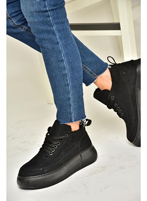 T811845302 Siyah Süet Kalın Tabanlı Kadın Ayakkabı - Görsel 6