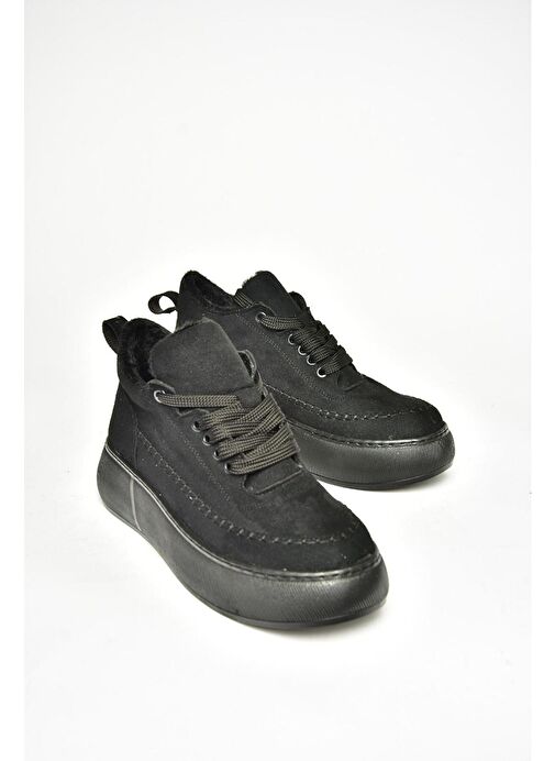 T811845302 Siyah Süet Kalın Tabanlı Kadın Ayakkabı - Görsel 8