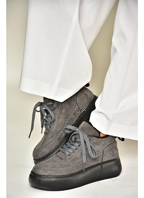 T811845302 Gri Süet Kalın Tabanlı Kadın Ayakkabı - Görsel 4