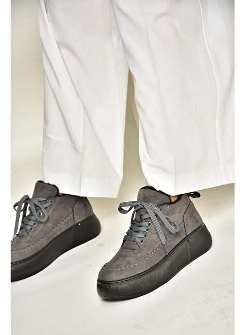 T811845302 Gri Süet Kalın Tabanlı Kadın Ayakkabı - Görsel 5