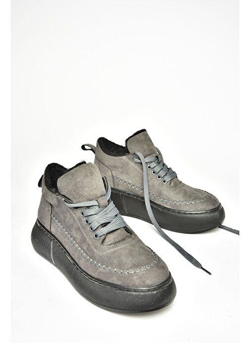 T811845302 Gri Süet Kalın Tabanlı Kadın Ayakkabı - Görsel 8