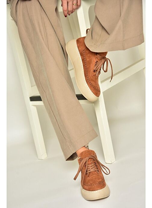 T811845302 Taba Süet Kalın Tabanlı Kadın Ayakkabı - Görsel 2