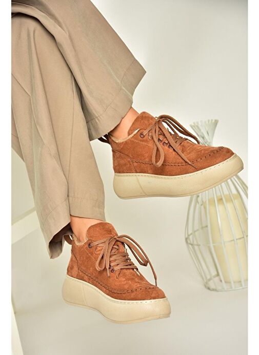 T811845302 Taba Süet Kalın Tabanlı Kadın Ayakkabı - Görsel 6