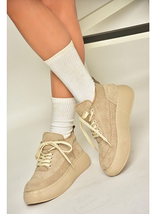 T811845302 Bej Süet Kalın Tabanlı Kadın Ayakkabı - Görsel 2