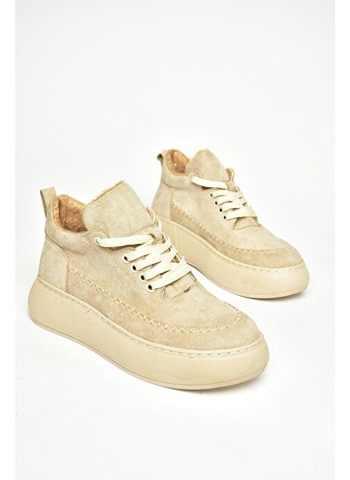 T811845302 Bej Süet Kalın Tabanlı Kadın Ayakkabı - Görsel 6