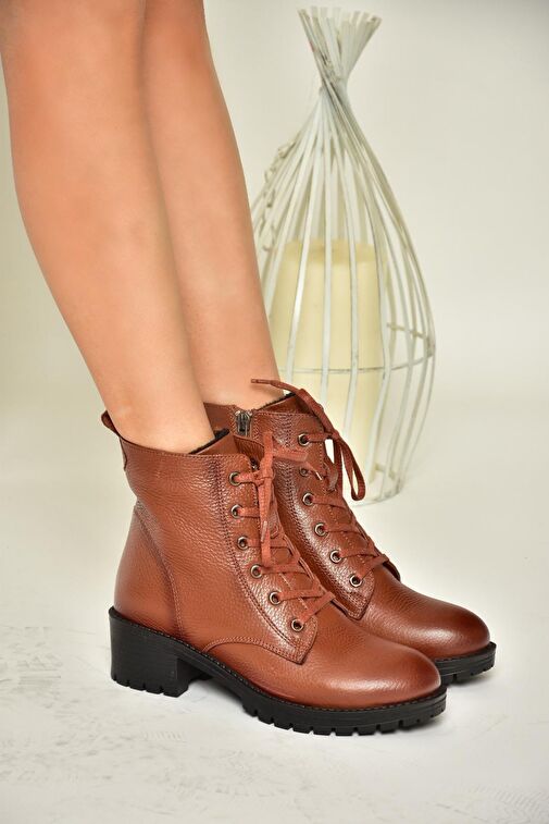 R555054103 Taba Hakiki Deri Alçak Topuklu Kadın Bot - Görsel 3