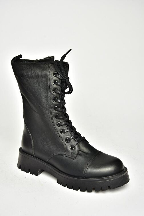 T555054503 Siyah Hakiki Deri Alçak Topuklu Kadın Bot - Görsel 5