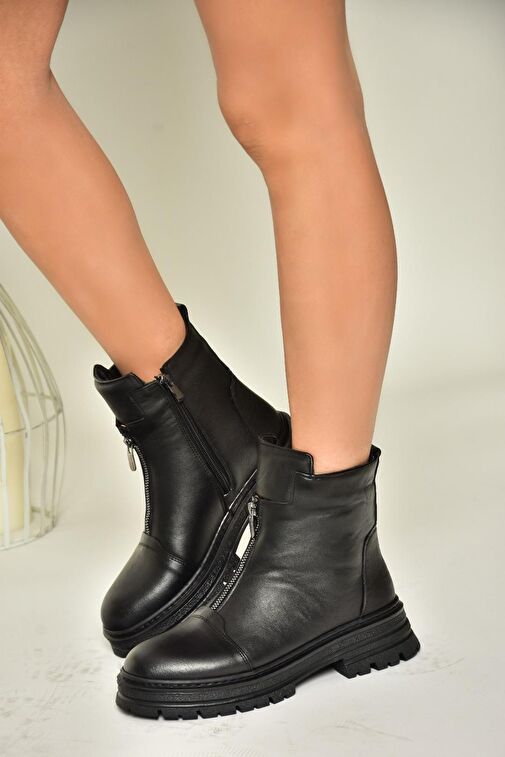 T555102203 Siyah Hakiki Deri Alçak Topuklu Kadın Bot - Görsel 2