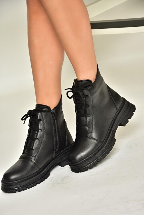 T555102903 Siyah Hakiki Deri Alçak Topuklu Kadın Bot - Görsel 4