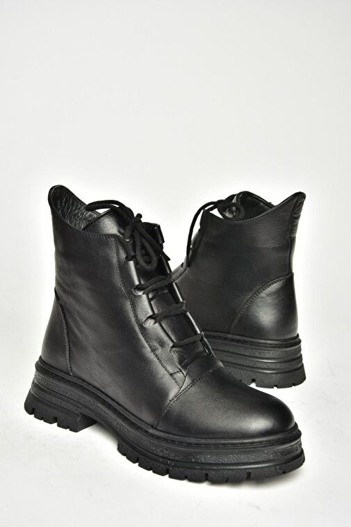 T555102903 Siyah Hakiki Deri Alçak Topuklu Kadın Bot - Görsel 5