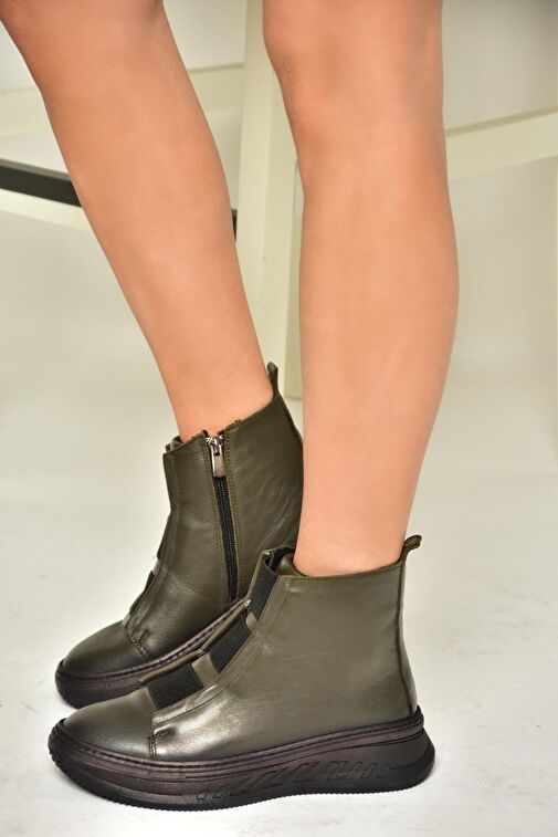 T555130103 Haki Hakiki Deri Comfort Ortopedik Taban Kadın Bot - Görsel 2