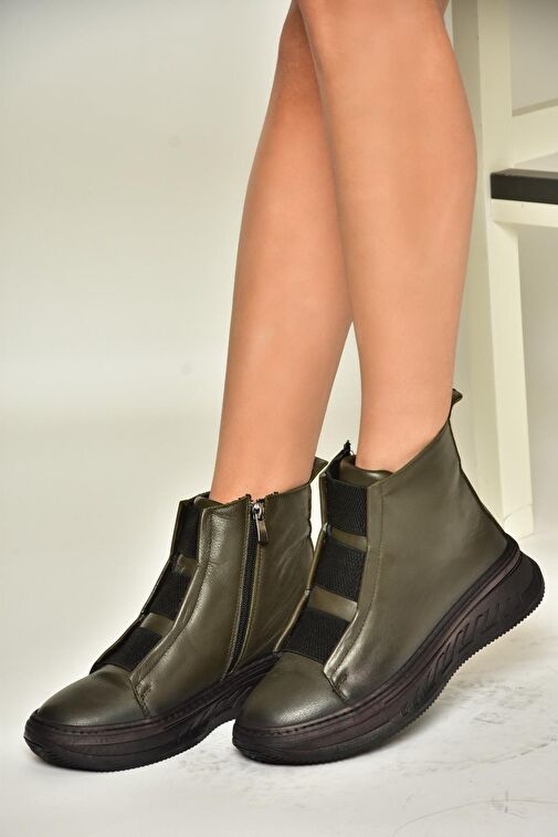 T555130103 Haki Hakiki Deri Comfort Ortopedik Taban Kadın Bot - Görsel 4