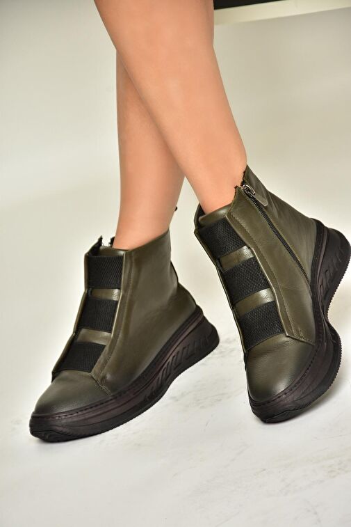 T555130103 Haki Hakiki Deri Comfort Ortopedik Taban Kadın Bot - Görsel 5