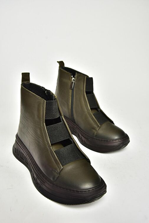 T555130103 Haki Hakiki Deri Comfort Ortopedik Taban Kadın Bot - Görsel 6