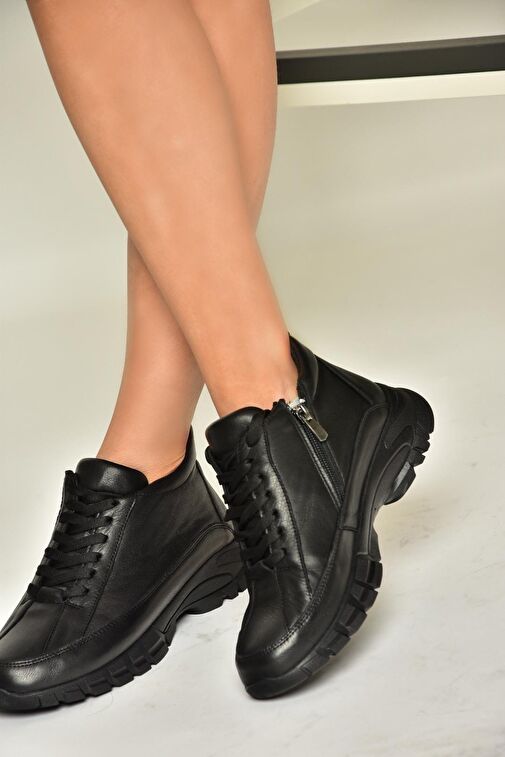 T555130203 Siyah Hakiki Deri Comfort Ortopedik Taban Kadın Bot - Görsel 3