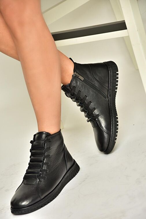 T555366203 Siyah Hakiki Deri Comfort Ortopedik Taban Kadın Bot - Görsel 2