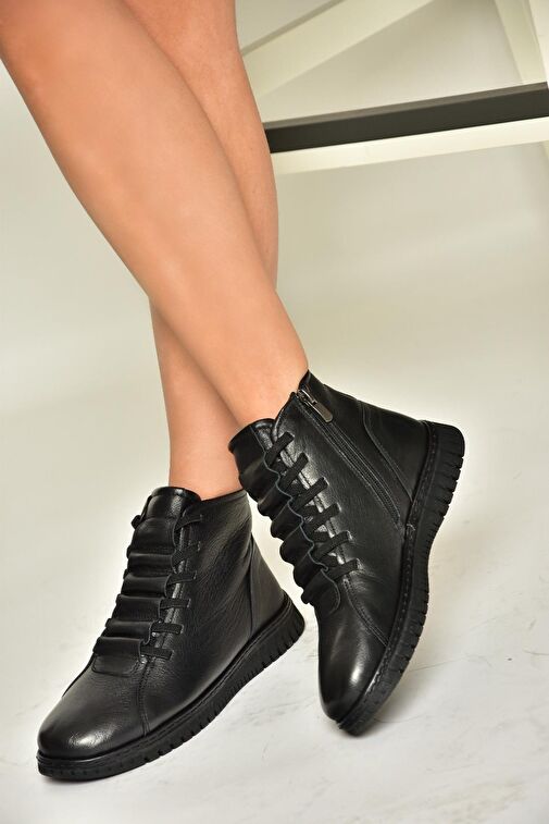 T555366203 Siyah Hakiki Deri Comfort Ortopedik Taban Kadın Bot - Görsel 3