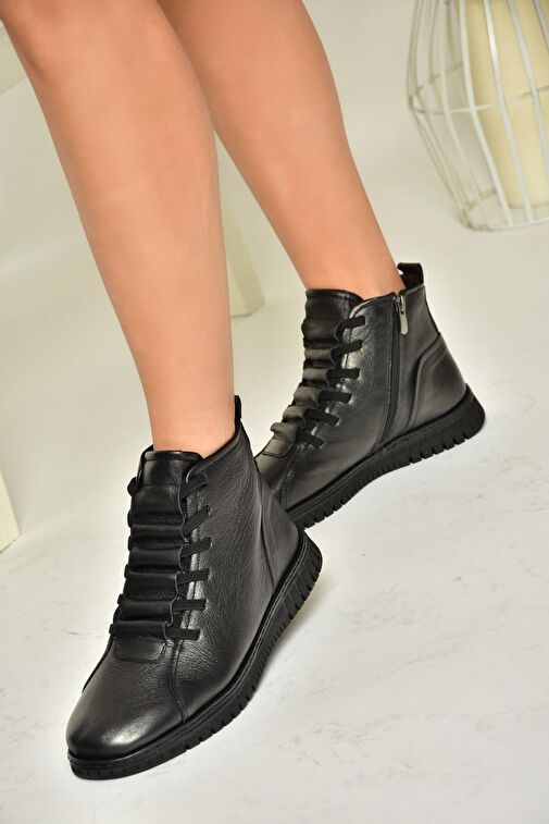 T555366203 Siyah Hakiki Deri Comfort Ortopedik Taban Kadın Bot - Görsel 4