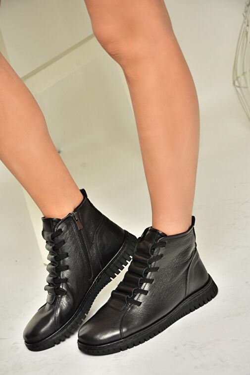 T555366203 Siyah Hakiki Deri Comfort Ortopedik Taban Kadın Bot - Görsel 5