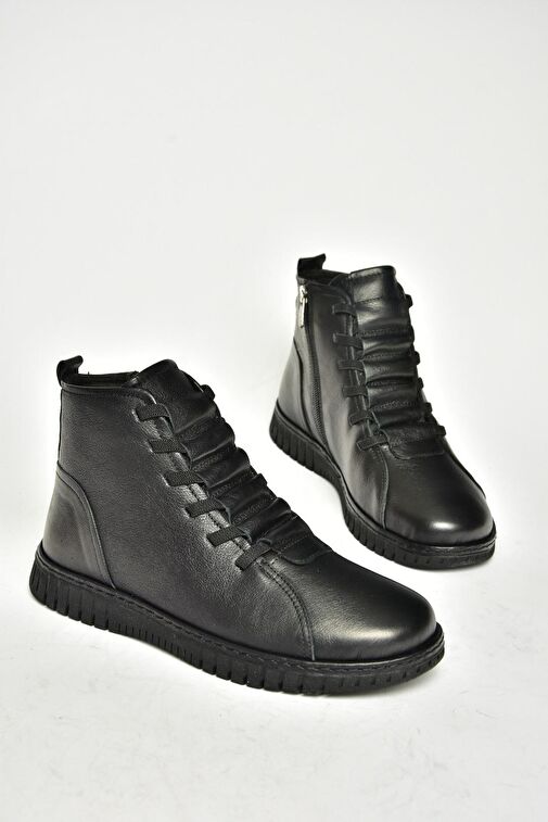 T555366203 Siyah Hakiki Deri Comfort Ortopedik Taban Kadın Bot - Görsel 9