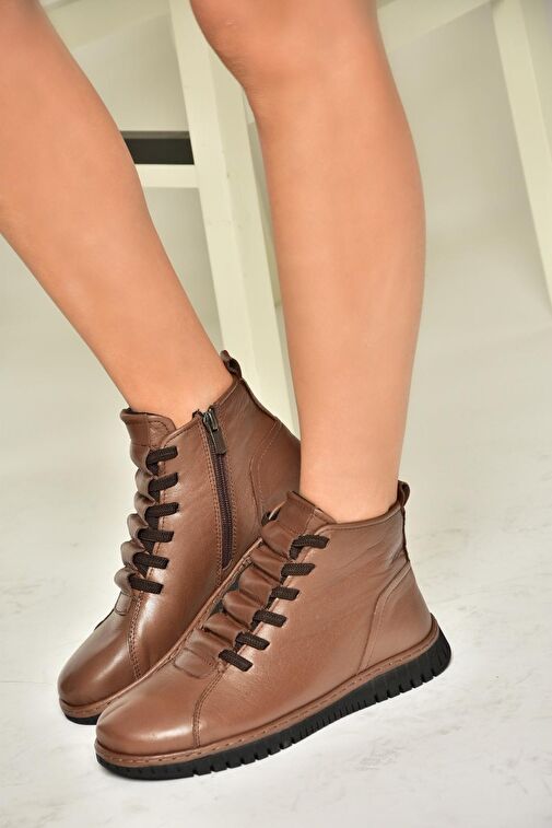 T555366203 Kahverengi Hakiki Deri Comfort Ortopedik Taban Kadın Bot - Görsel 3