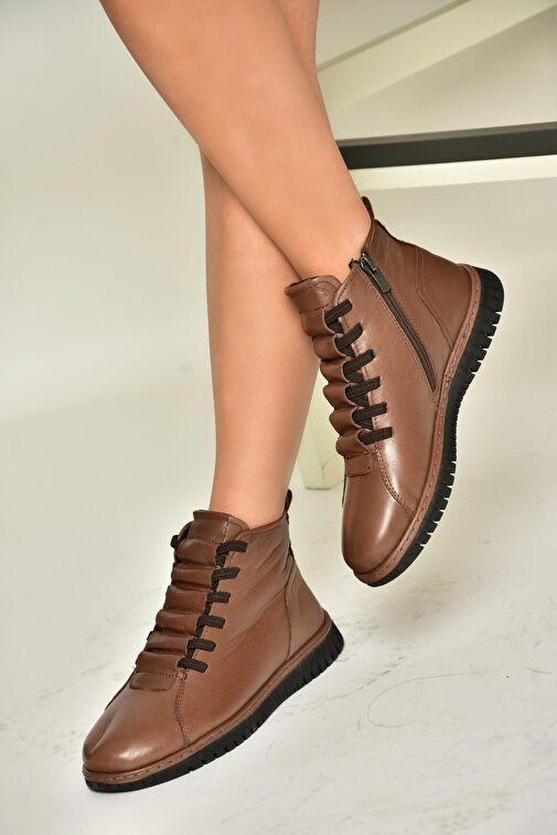 T555366203 Kahverengi Hakiki Deri Comfort Ortopedik Taban Kadın Bot - Görsel 4