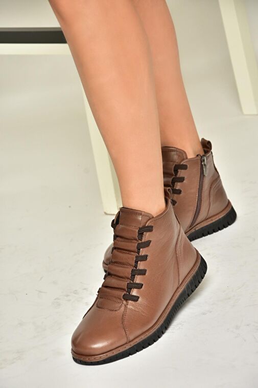 T555366203 Kahverengi Hakiki Deri Comfort Ortopedik Taban Kadın Bot - Görsel 5