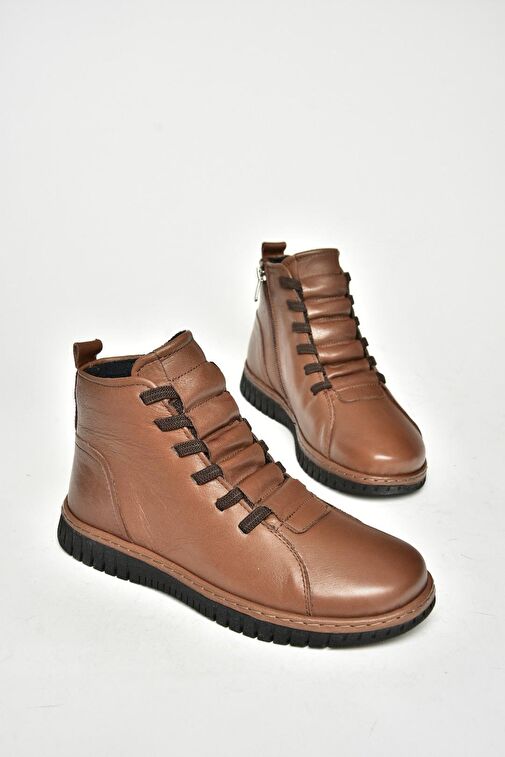 T555366203 Kahverengi Hakiki Deri Comfort Ortopedik Taban Kadın Bot - Görsel 7