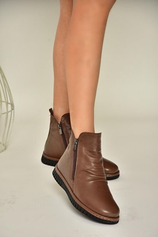 T555366303 Kahverengi Hakiki Deri Comfort Ortopedik Taban Kadın Bot - Görsel 2