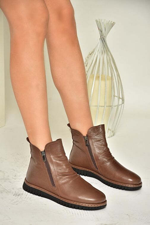 T555366303 Kahverengi Hakiki Deri Comfort Ortopedik Taban Kadın Bot - Görsel 5