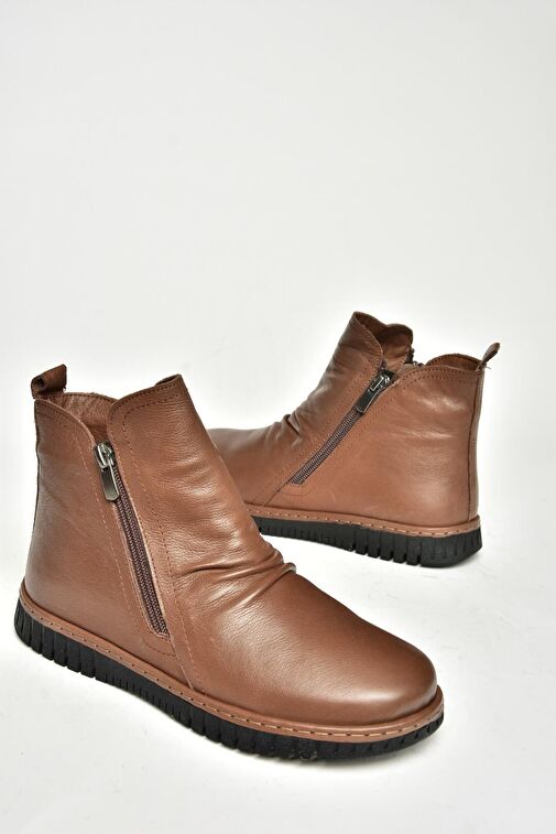 T555366303 Kahverengi Hakiki Deri Comfort Ortopedik Taban Kadın Bot - Görsel 6