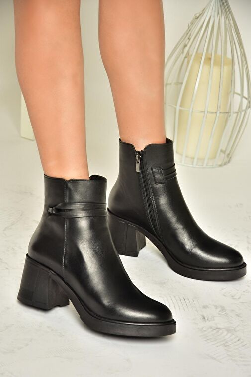 T555451403 Siyah Hakiki Deri Kalın Topuklu Kadın Bot - Görsel 4