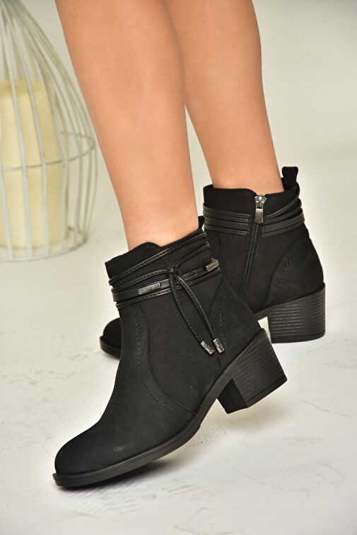 T555703303 Siyah Hakiki Deri Kalın Topuklu Kadın Bot - Görsel 3