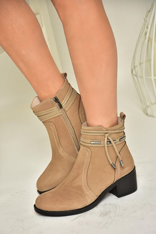 T555703303 Vizon Hakiki Deri Kalın Topuklu Kadın Bot - Görsel 2