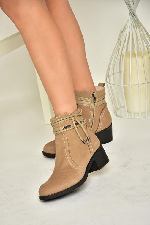 T555703303 Vizon Hakiki Deri Kalın Topuklu Kadın Bot - Görsel 5
