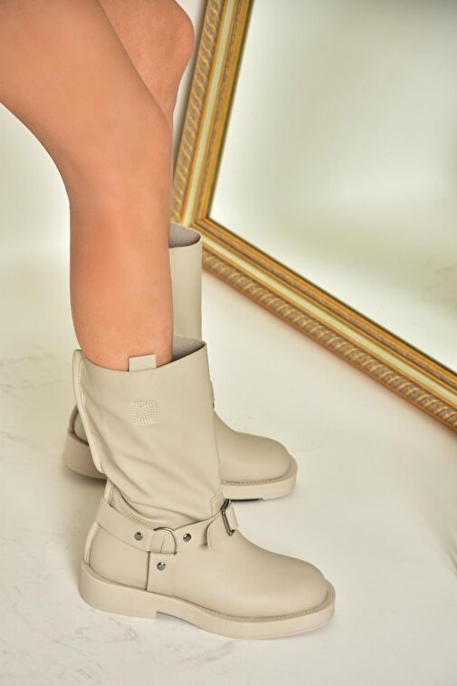 T973530309 Bej Alçak Topuklu Kadın Bot - Görsel 3