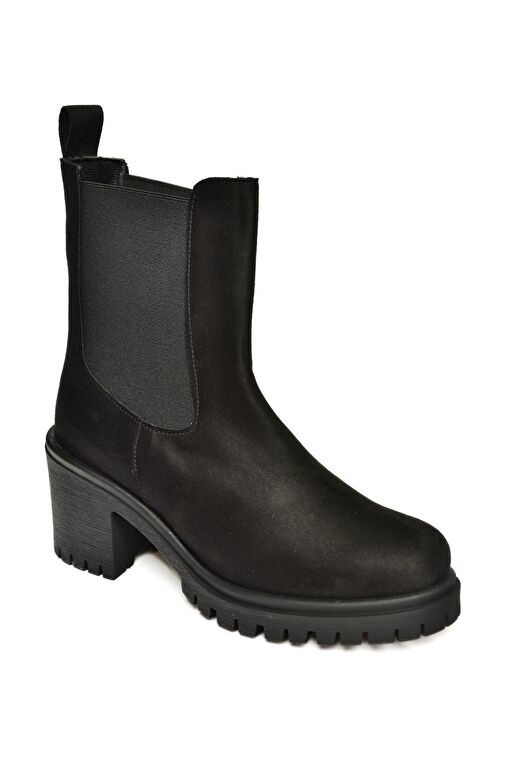 T726981602 Siyah Süet Lastikli Kalın Topuklu Kadın Bot - Görsel 4