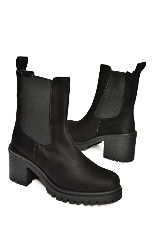 T726981602 Siyah Süet Lastikli Kalın Topuklu Kadın Bot - Görsel 5