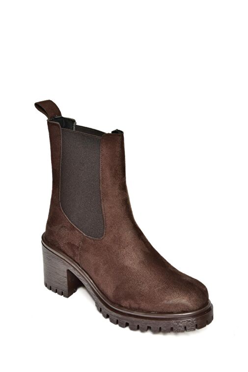 T726981602 Kahverengi Süet Lastikli Kalın Topuklu Kadın Bot - Görsel 6