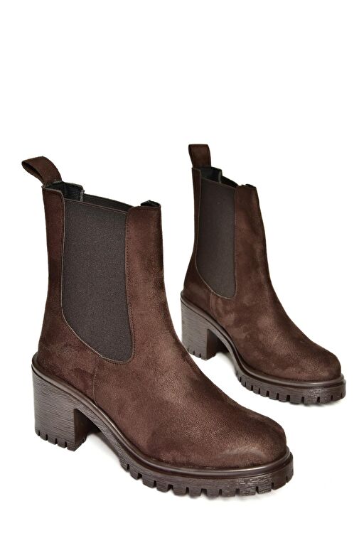 T726981602 Kahverengi Süet Lastikli Kalın Topuklu Kadın Bot - Görsel 7