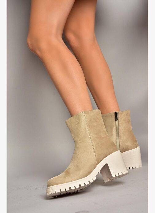T726911102 Bej Süet Kalın Topuklu Kadın Bot - Görsel 4