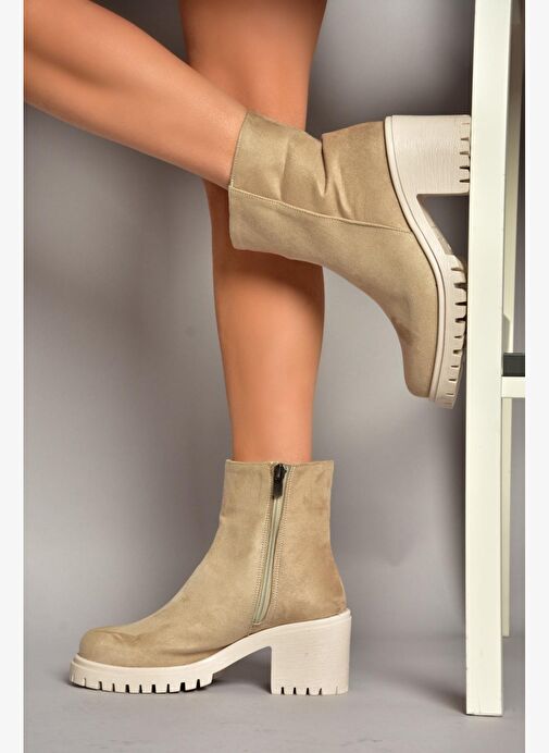 T726911102 Bej Süet Kalın Topuklu Kadın Bot - Görsel 2