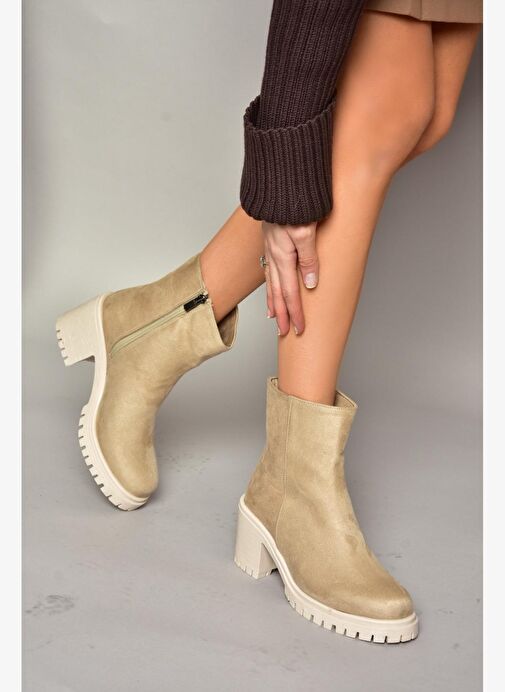 T726911102 Bej Süet Kalın Topuklu Kadın Bot - Görsel 3