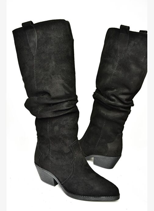 T404401002 Siyah Süet Büzgülü Kadın Çizme - Görsel 7