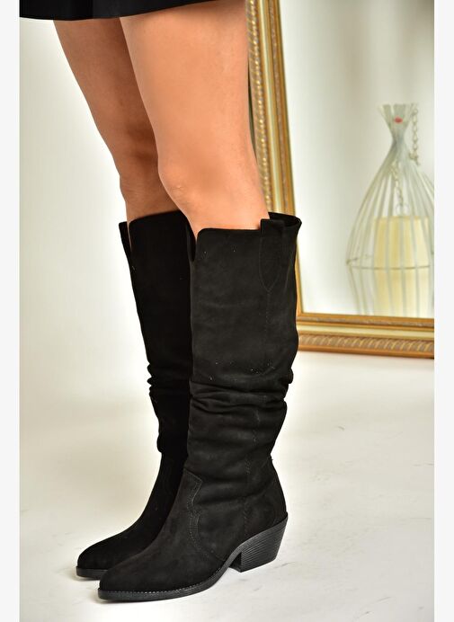 T404401002 Siyah Süet Büzgülü Kadın Çizme - Görsel 6