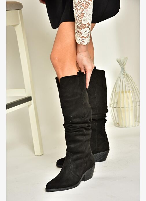 T404401002 Siyah Süet Büzgülü Kadın Çizme - Görsel 5