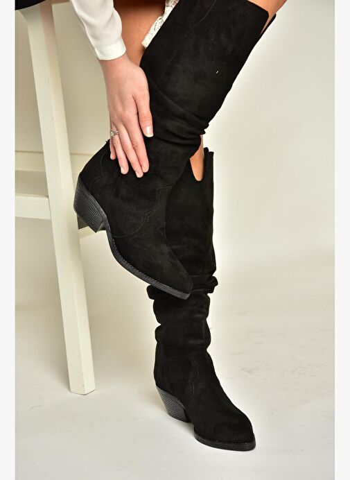 T404401002 Siyah Süet Büzgülü Kadın Çizme - Görsel 3